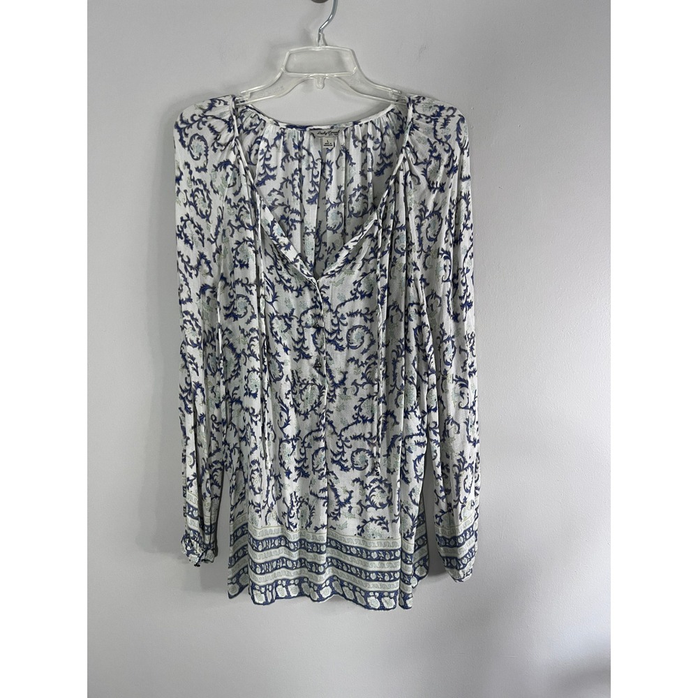 Lucky Brand Blue White Damask Floral Peasant Blouse Boho Button Top Large